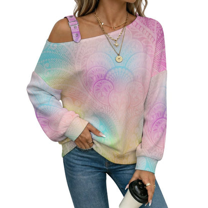 Buckle Strap Asymmetrical Off Shoulder Knit Sweater Color Wallpaper