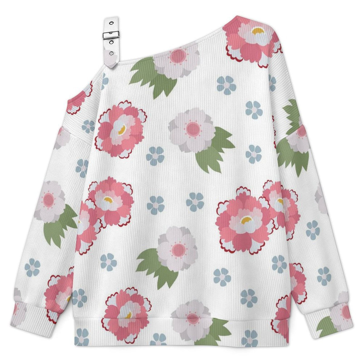 Fall Casual Asymmetric Shoulder Knit Top with Buckle Detail Floral Pattern