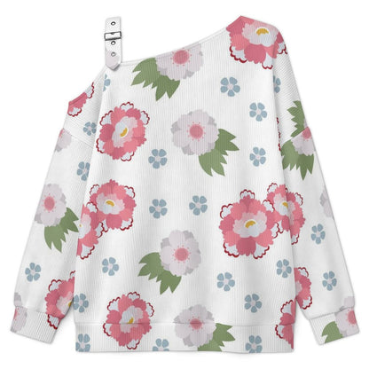 Fall Casual Asymmetric Shoulder Knit Top with Buckle Detail Floral Pattern