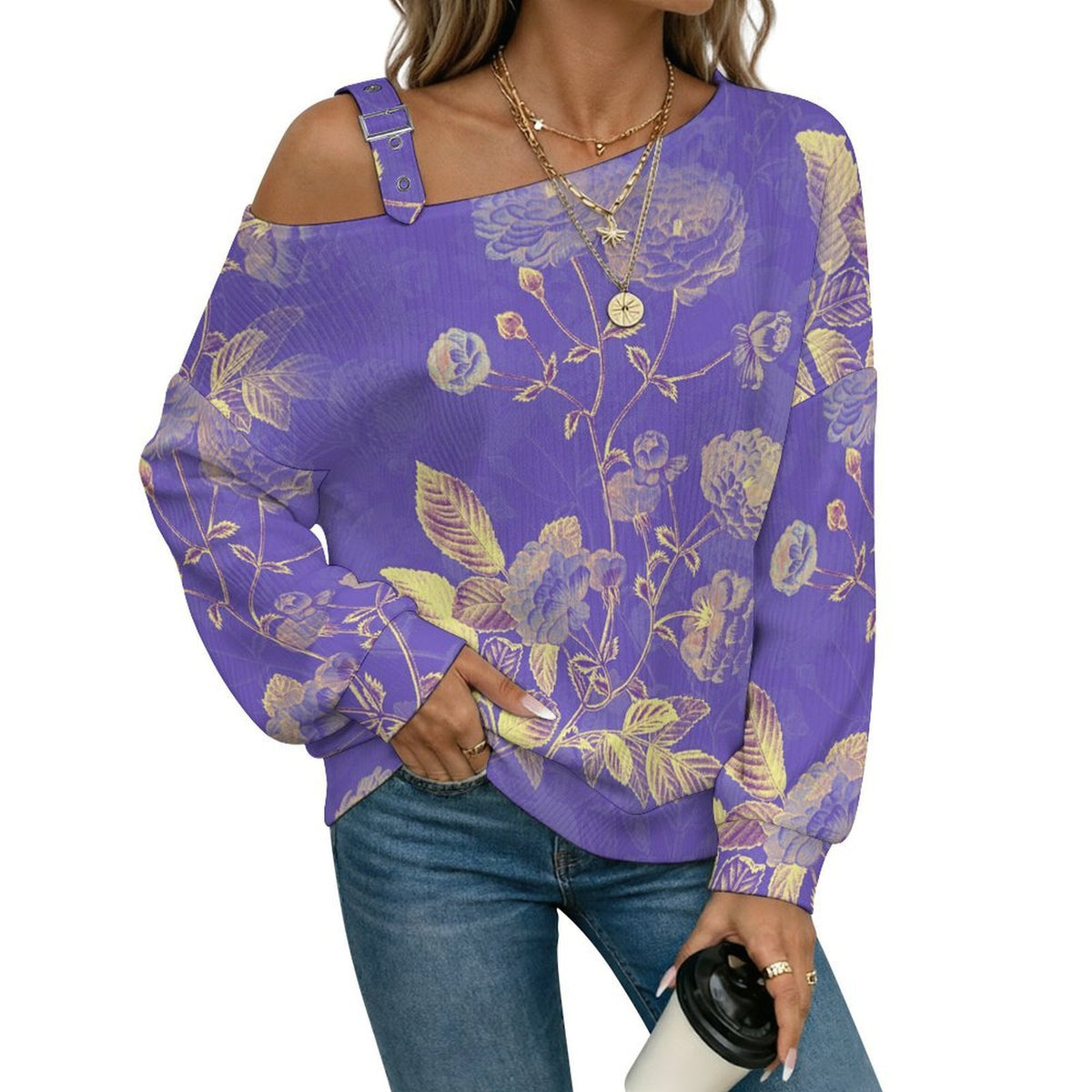 Off-the-shoulder SweaterPurple, Chinese Style, Flower Pattern Women’s Off-Shoulder Knit Sweater