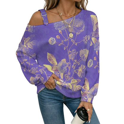 Off-the-shoulder SweaterPurple, Chinese Style, Flower Pattern Women’s Off-Shoulder Knit Sweater