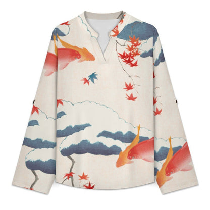 Chinese Wind, Maple Leaf, Fish  Versatile Notched V-Neck Tunic | Roll Tab 3/4 Sleeve Office Casual Top