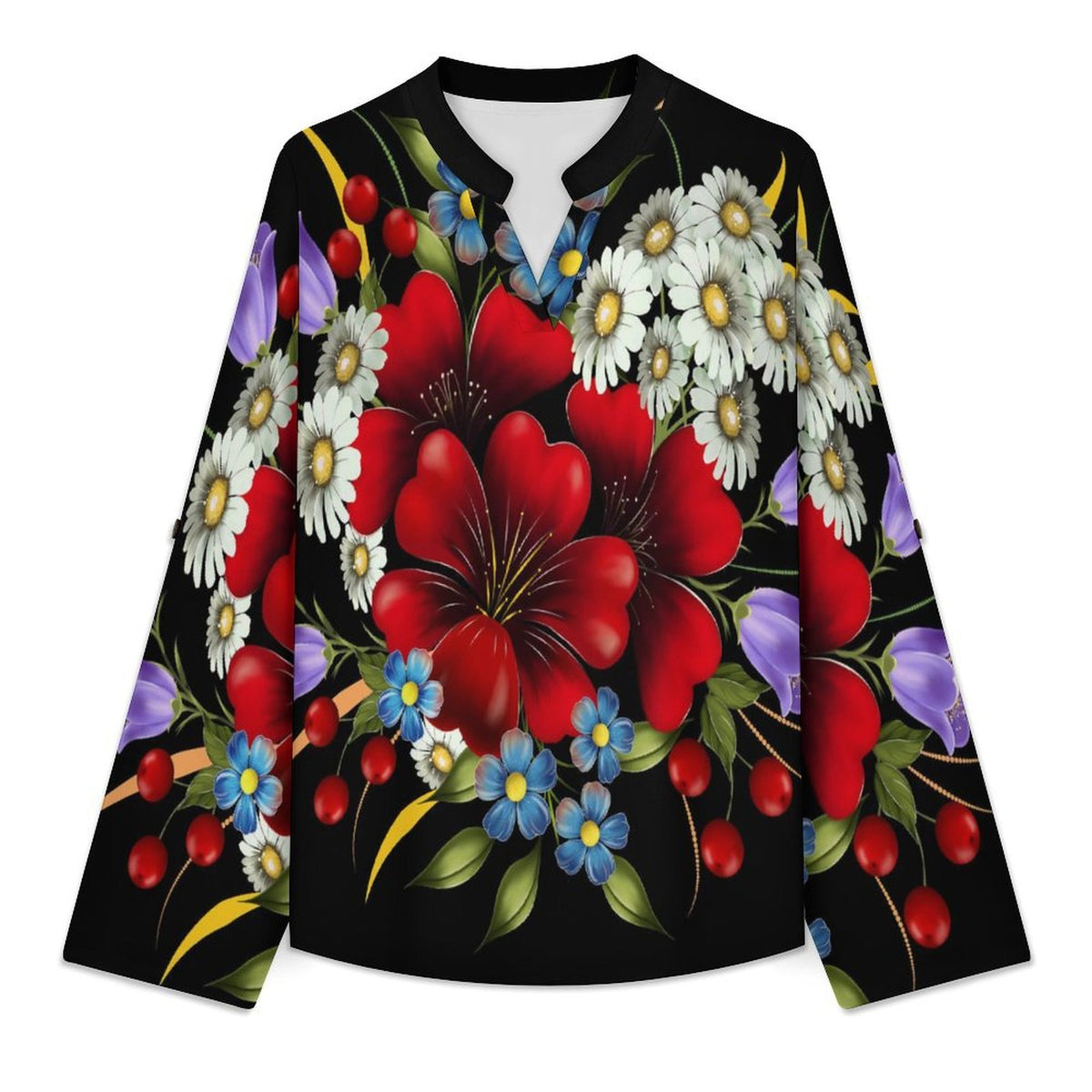 Stand-up Collar Long-sleeved Shirt Colorful Bouquet white S Women’s V-Neck Blouses