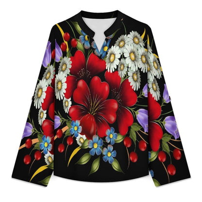 Stand-up Collar Long-sleeved Shirt Colorful Bouquet white S Women’s V-Neck Blouses