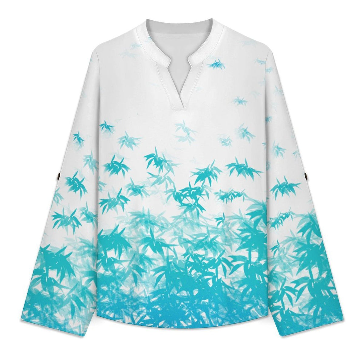 Leaf Pattern  Versatile Notched V-Neck Tunic | Roll Tab 3/4 Sleeve Office Casual Top