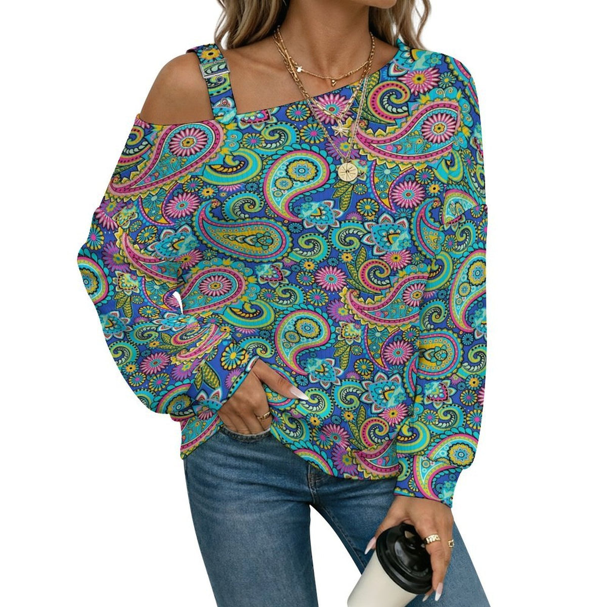 Fall Casual Asymmetric Shoulder Knit Top with Buckle Detail Paisley