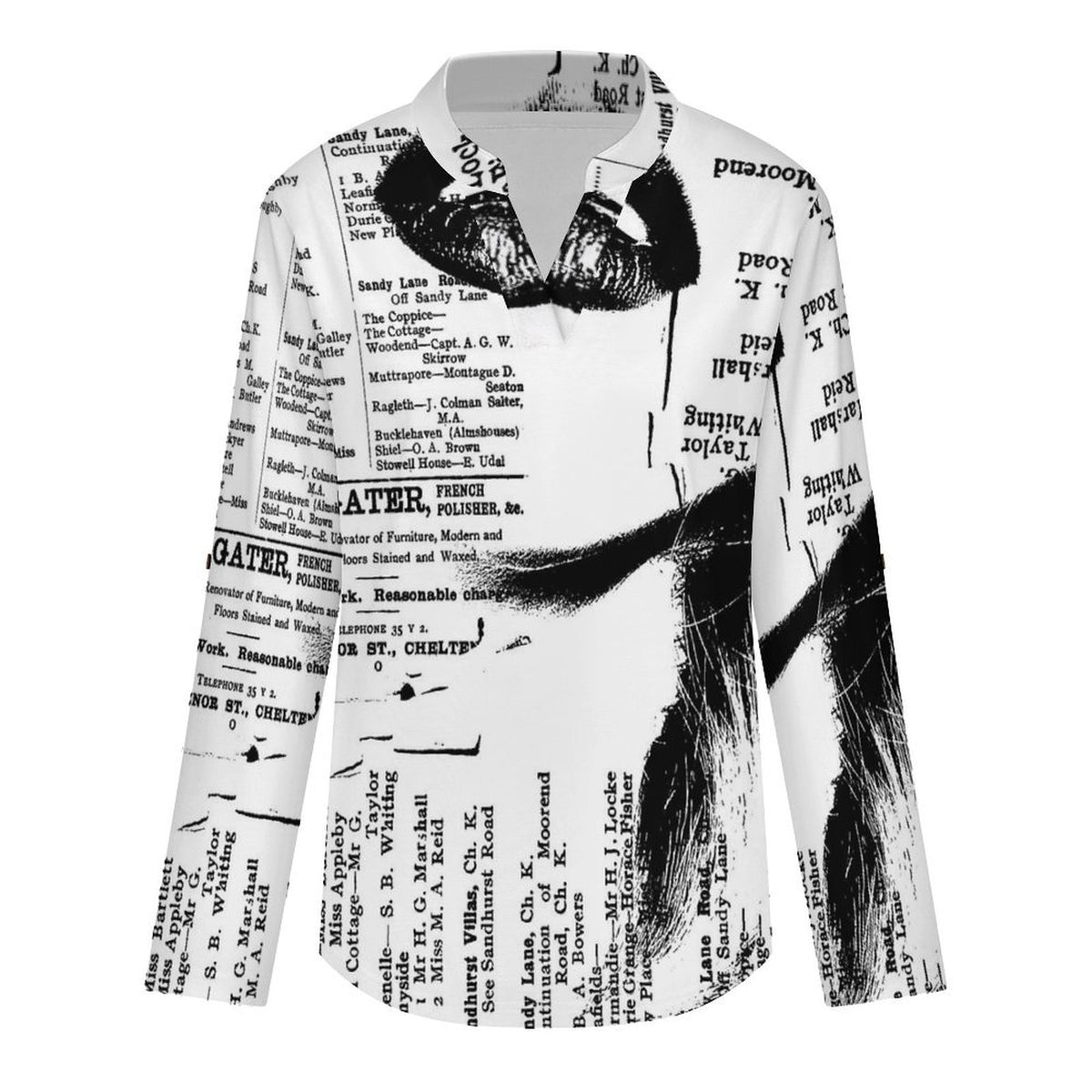 Stand-up Collar Long-sleeved Shirt Newspaper Girl Vintage white S Women’s V-Neck Blouses