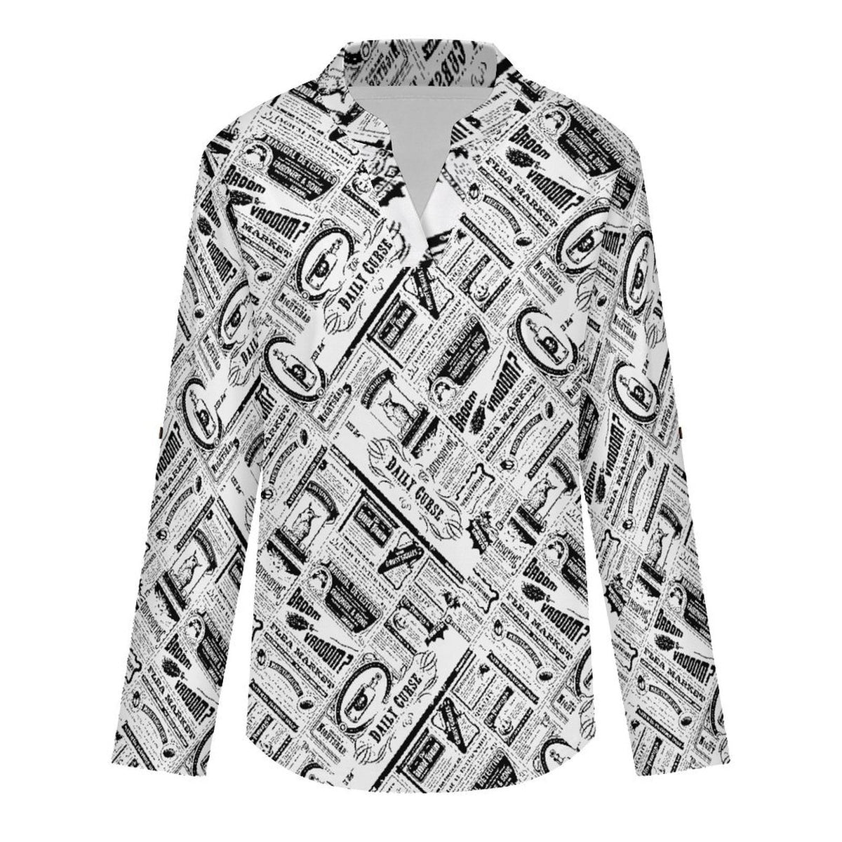 Stand-up Collar Long-sleeved Shirt Newspaper Vintage Dress white S Women’s V-Neck Blouses