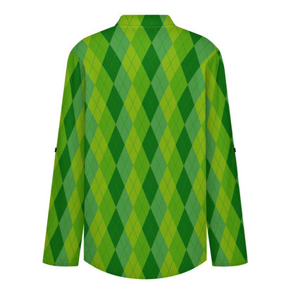 Green, Rhombic  Versatile Notched V-Neck Tunic | Roll Tab 3/4 Sleeve Office Casual Top