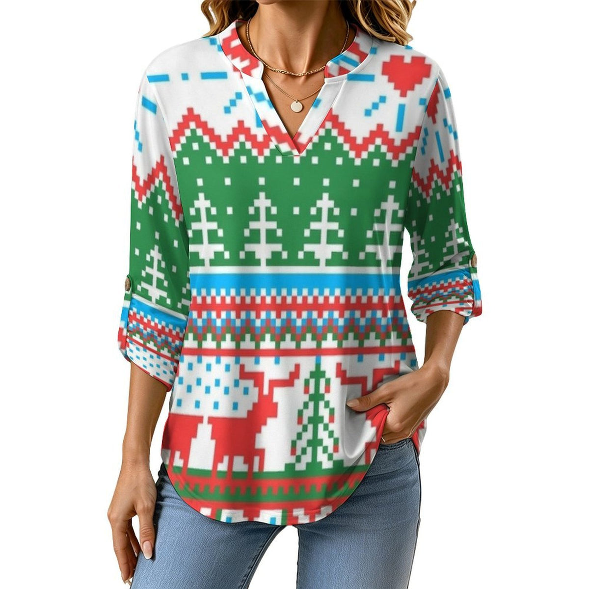 Christmas Pattern Roll Tab 3/4 Sleeve Notched V Neck Tunic Blouse