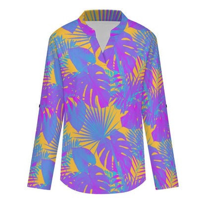 Stand-up Collar Long-sleeved Shirt Plant Summer white S Women’s V-Neck Blouses