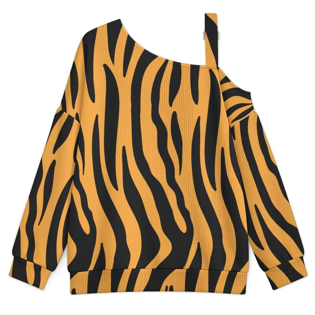 Yellow Tiger Pattern, Background Fall Casual Asymmetric Shoulder Knit Top with Buckle Detail
