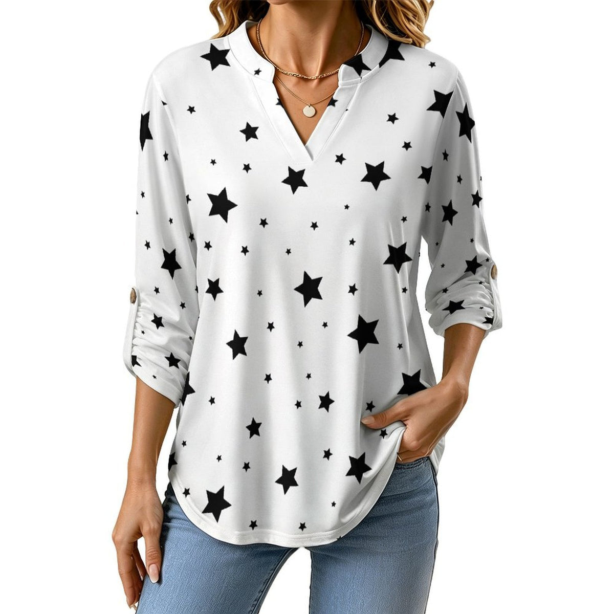 Star Pattern  Versatile Notched V-Neck Tunic | Roll Tab 3/4 Sleeve Office Casual Top