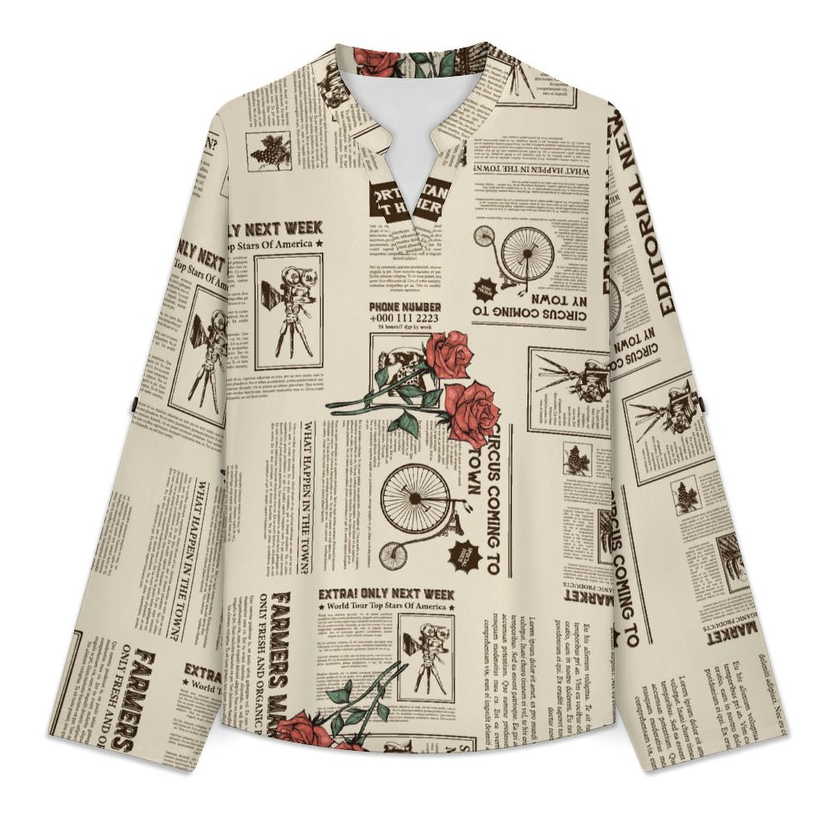 Versatile Notched V-Neck Tunic  Roll Tab 3/4 Sleeve Office Casual Top  Yellow Newspaper  Red Rose