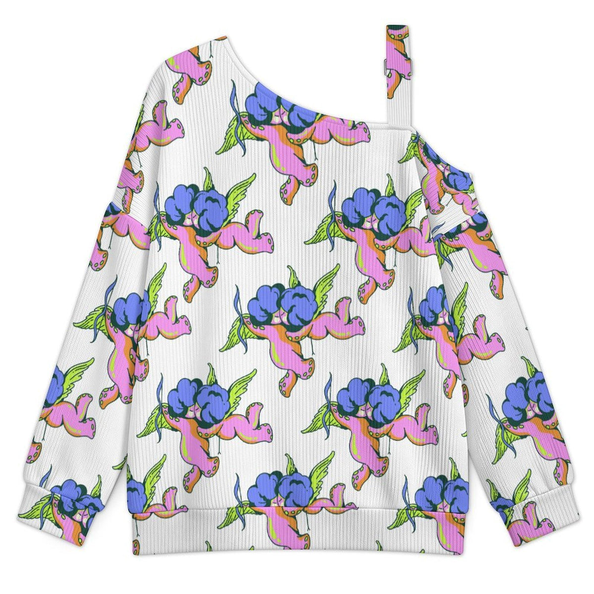 Buckle Strap Asymmetrical Off Shoulder Knit Sweater Octopus Angel Pattern