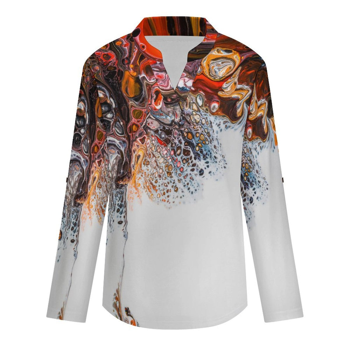 Versatile Notched V-Neck Tunic | Roll Tab 3/4 Sleeve Office Casual Top  Vintage Watercolor Pattern