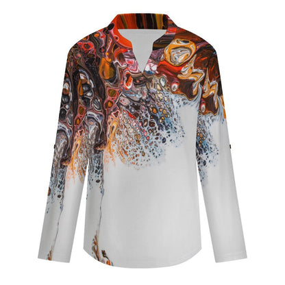 Versatile Notched V-Neck Tunic | Roll Tab 3/4 Sleeve Office Casual Top  Vintage Watercolor Pattern