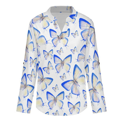 Butterfly, Repeating Pattern  Versatile Notched V-Neck Tunic | Roll Tab 3/4 Sleeve Office Casual Top