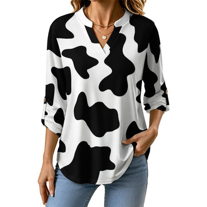 Versatile Notched V-Neck Tunic | Roll Tab 3/4 Sleeve Office Casual Top  Black And White, Cow Pattern
