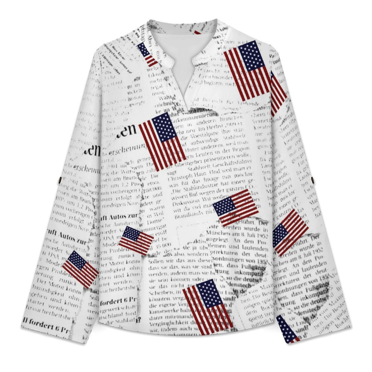 Newspaper, Repeating Pattern  Versatile Notched V-Neck Tunic | Roll Tab 3/4 Sleeve Office Casual Top