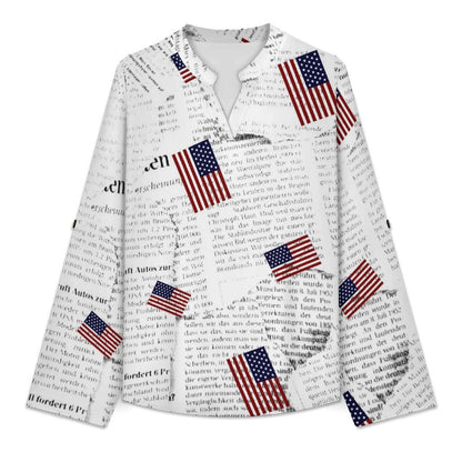 Newspaper, Repeating Pattern  Versatile Notched V-Neck Tunic | Roll Tab 3/4 Sleeve Office Casual Top