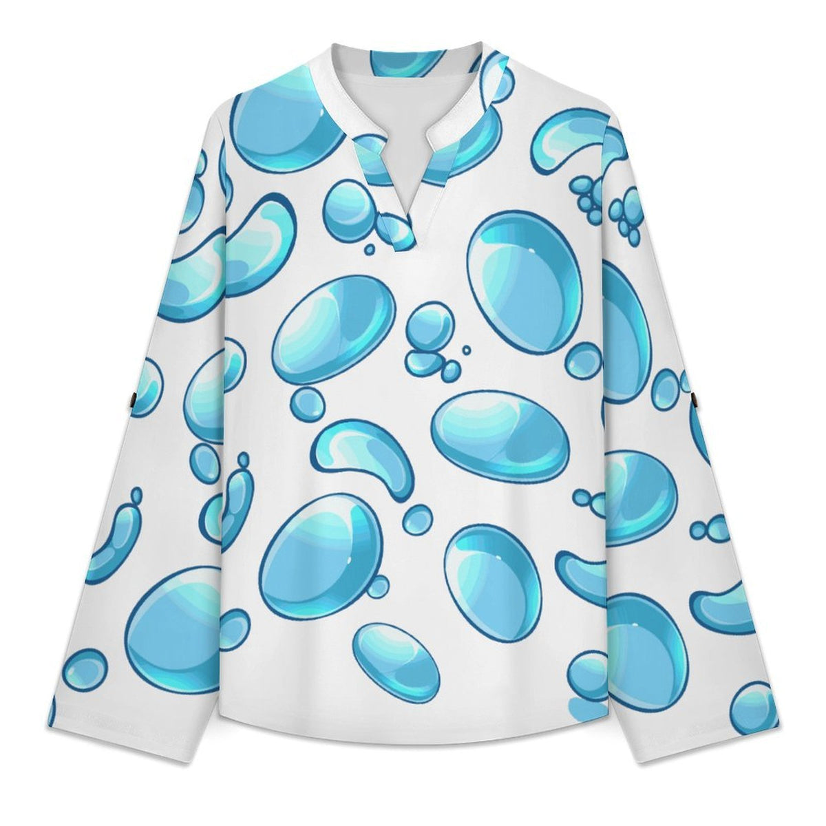 Women Curved Hem V Neck Roll Sleeve Casual Work Top  Blue Water Droplets
