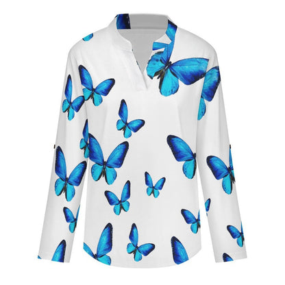 Women's Notched V Neck Tunic Tops, Roll Up 3/4 Sleeve Button Cuff Casual Blouse, Hem Loose Work Shirts  Blue Butterfly in My Dream