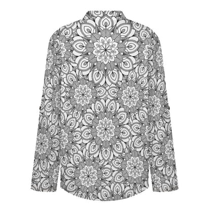 Mandala Flower, Repeating Pattern Roll Tab 3/4 Sleeve Notched V Neck Tunic Blouse