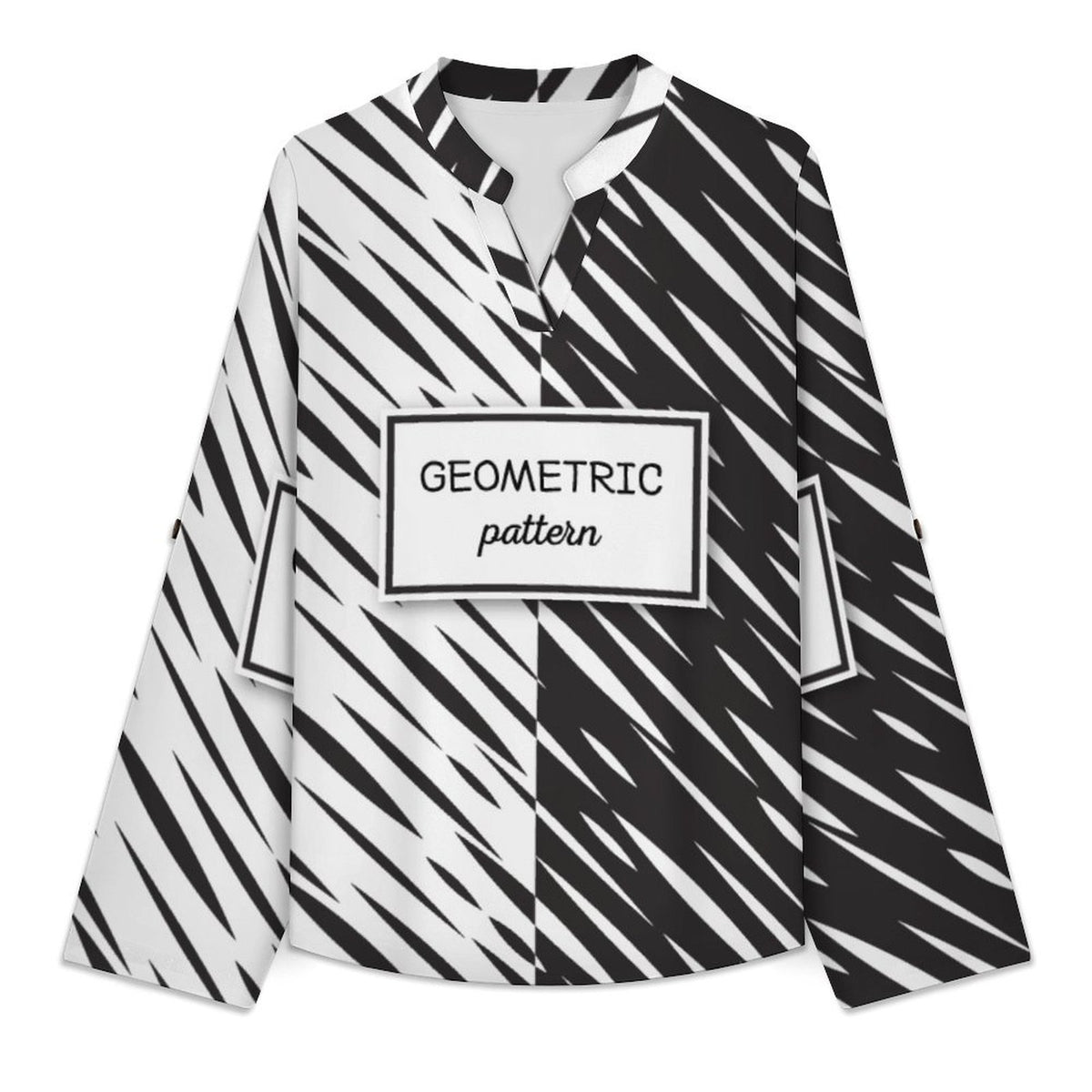 Versatile Notched V-Neck Tunic  Roll Tab 3/4 Sleeve Office Casual Top  Black And White Twill