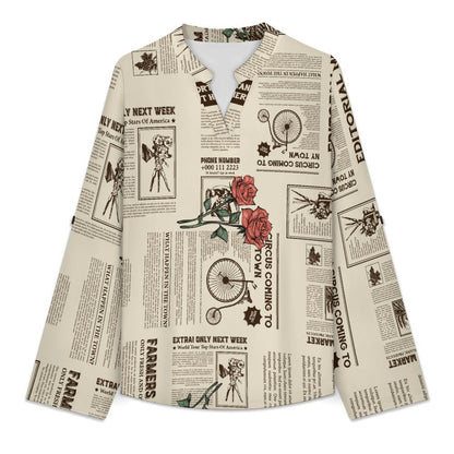 Yellow Newspaper  Red Rose Roll Tab 3/4 Sleeve Notched V Neck Tunic Blouse