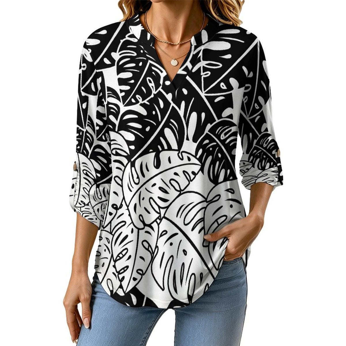 Stand-up Collar Long-sleeved Shirt Leaves, Black, Repeating Pattern  Customization Women’s V-Neck Blouses,long Sleeve,Roll-Up Sleeve Shirt