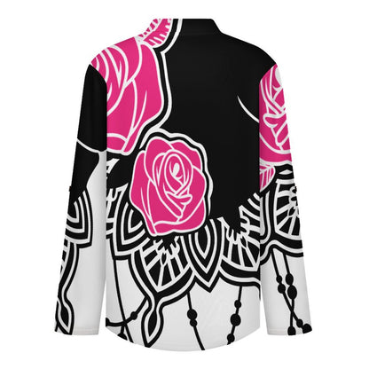 Stand-up Collar Long-sleeved Shirt Rose And Black Cat  Customization Women’s V-Neck Blouses,long Sleeve,Roll-Up Sleeve Shirt