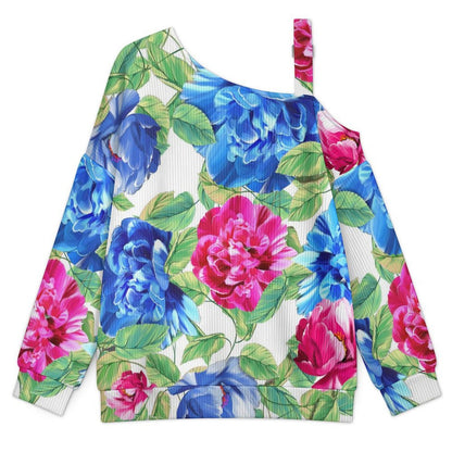 Women’s Off-Shoulder Knit Sweater Blue, Red, FlowersBlue, Red, Flowers