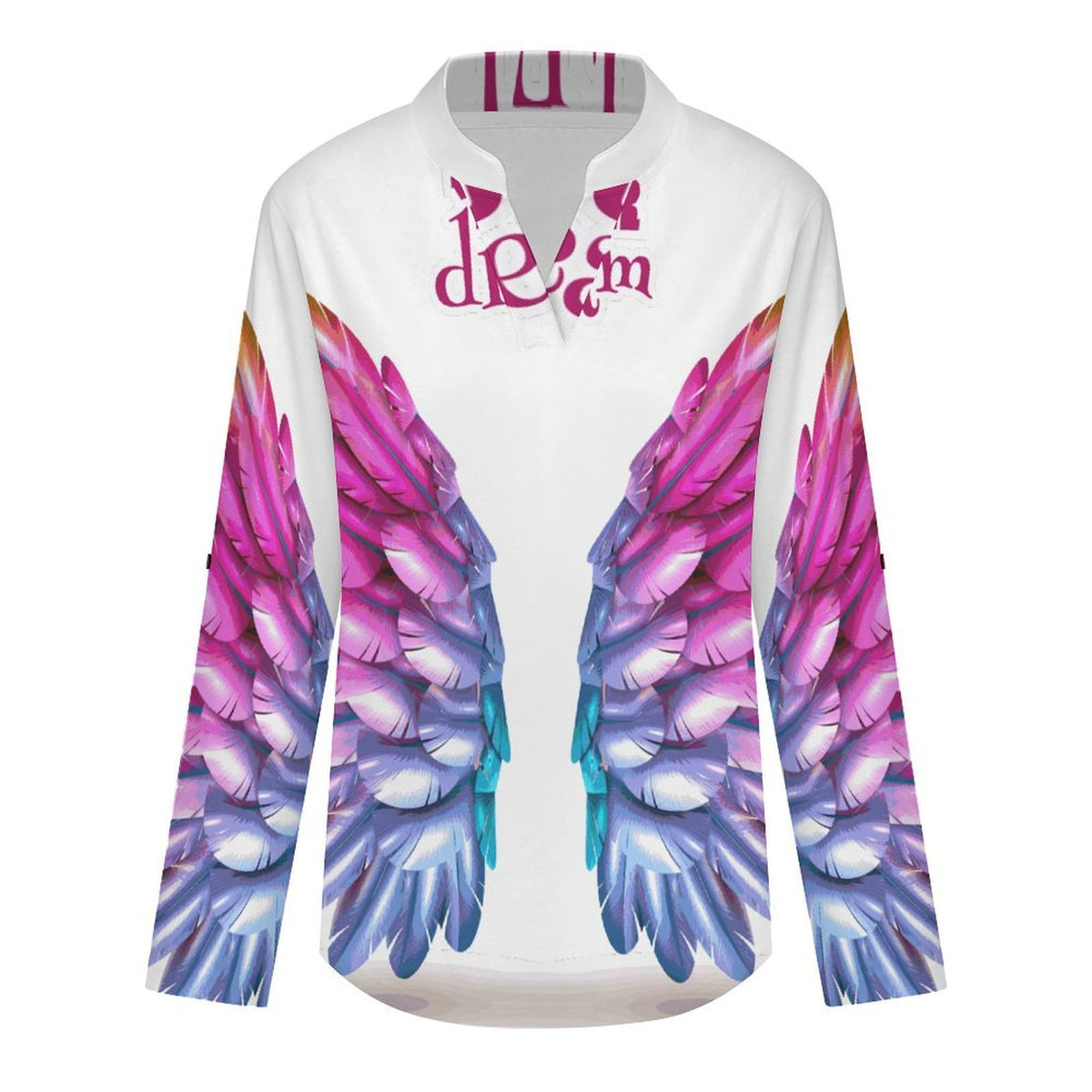 Stand-up Collar Long-sleeved Shirt Fly to Your Dream  Customization Women’s V-Neck Blouses,long Sleeve,Roll-Up Sleeve Shirt