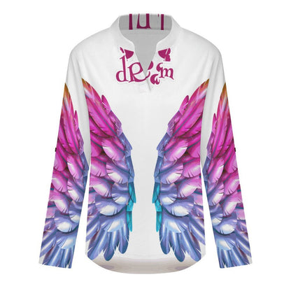 Stand-up Collar Long-sleeved Shirt Fly to Your Dream  Customization Women’s V-Neck Blouses,long Sleeve,Roll-Up Sleeve Shirt