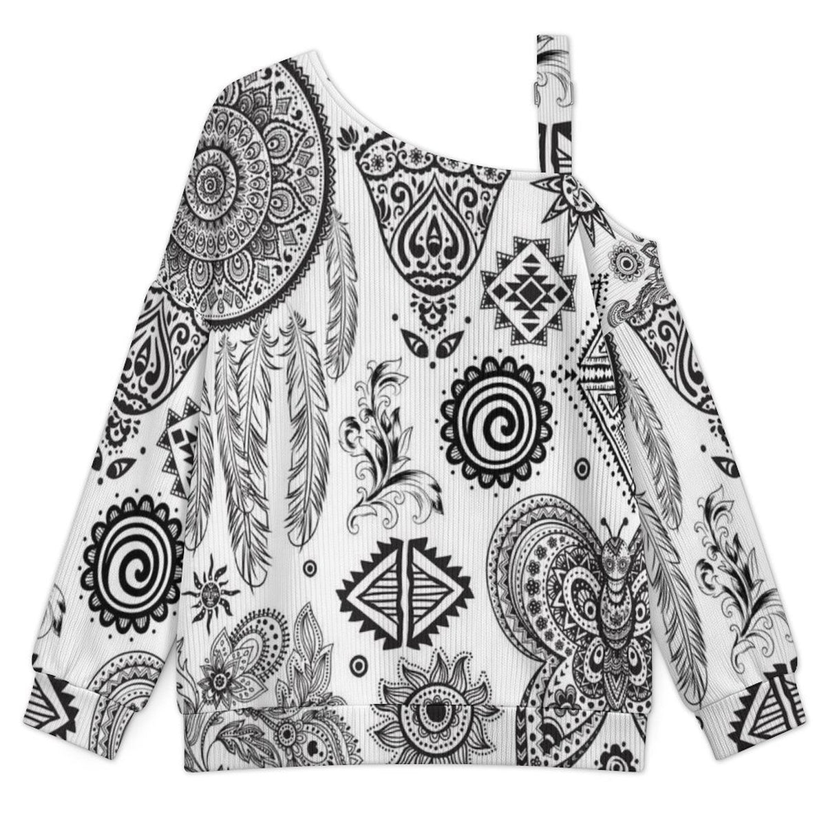 Off-the-shoulder Sweater Indian Decoration  Asymmetric Cold Shoulder Knit Sweater for Women, Adjustable Buckle Strap Long Sleeve Casual Slouchy Pullover