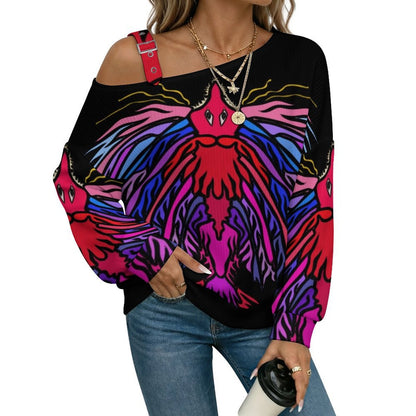 Off-the-shoulder Sweater Abstract Animal Pattern  Asymmetric Cold Shoulder Knit Sweater for Women, Adjustable Buckle Strap Long Sleeve Casual Slouchy Pullover