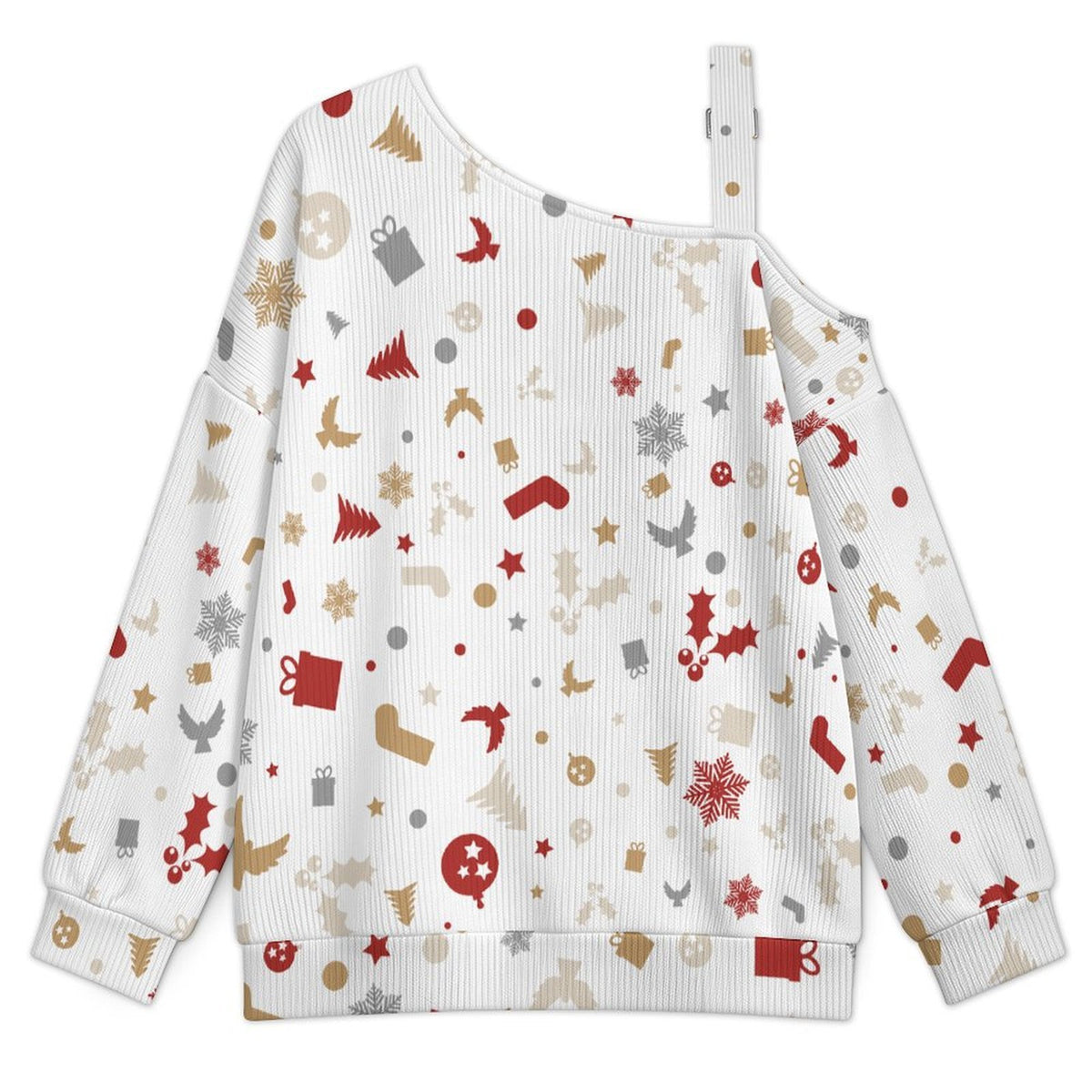 Off-the-shoulder Sweater Christmas-tile-repeat-red-white-yellow-gray-snowflake-Christmas Tree  Asymmetric Cold Shoulder Knit Sweater for Women, Adjustable Buckle Strap Long Sleeve Casual Slouchy Pullo