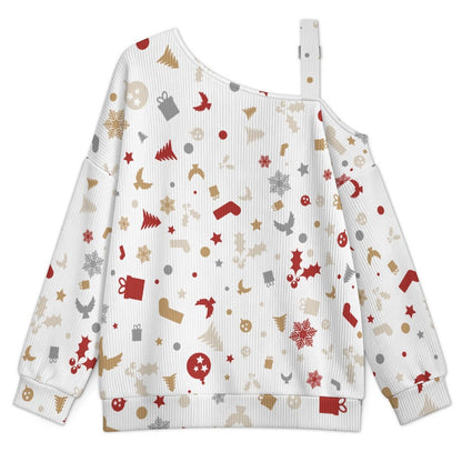 Off-the-shoulder Sweater Christmas-tile-repeat-red-white-yellow-gray-snowflake-Christmas Tree  Asymmetric Cold Shoulder Knit Sweater for Women, Adjustable Buckle Strap Long Sleeve Casual Slouchy Pullo