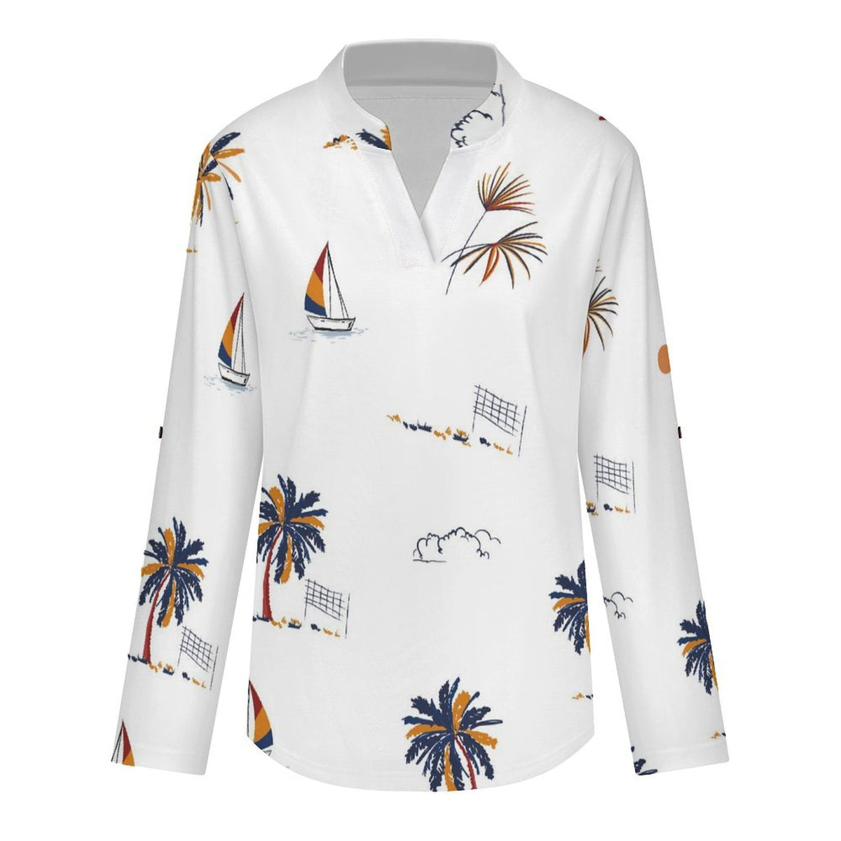 Summer Coconut Sailboat  Versatile Notched V-Neck Tunic | Roll Tab 3/4 Sleeve Office Casual Top