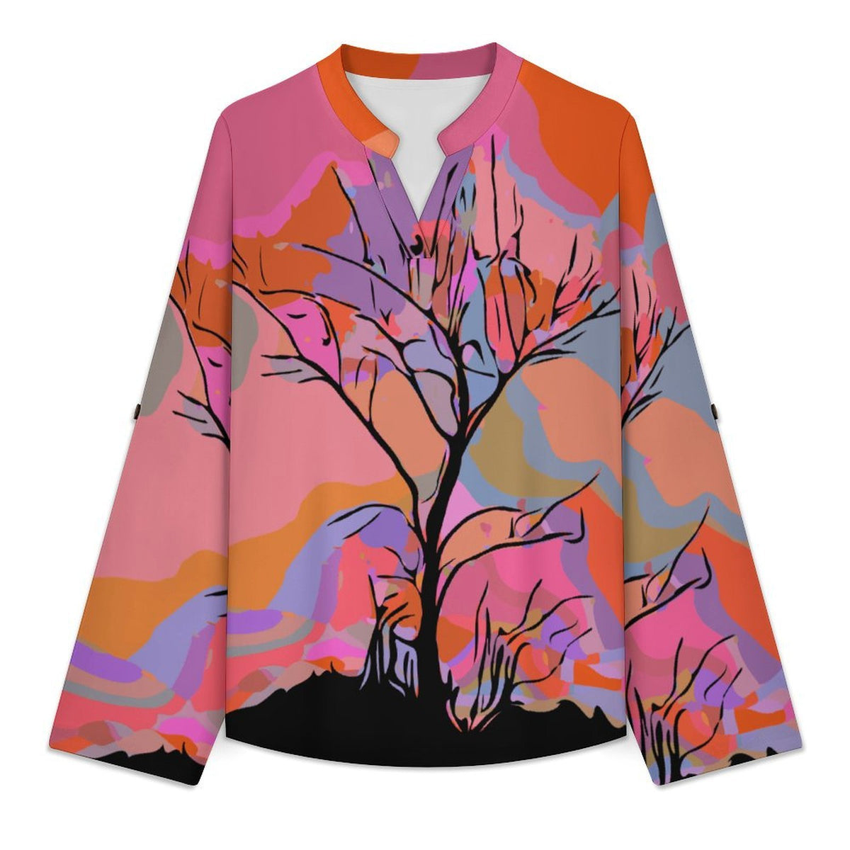 Stand-up Collar Long-sleeved Shirt Dusk, Trees, Nature  Customization Women’s V-Neck Blouses,long Sleeve,Roll-Up Sleeve Shirt