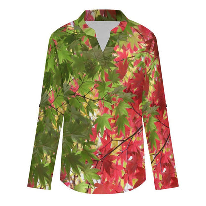 Stand-up Collar Long-sleeved Shirt Red And Green  Leaves  Customization Women’s V-Neck Blouses,long Sleeve,Roll-Up Sleeve Shirt