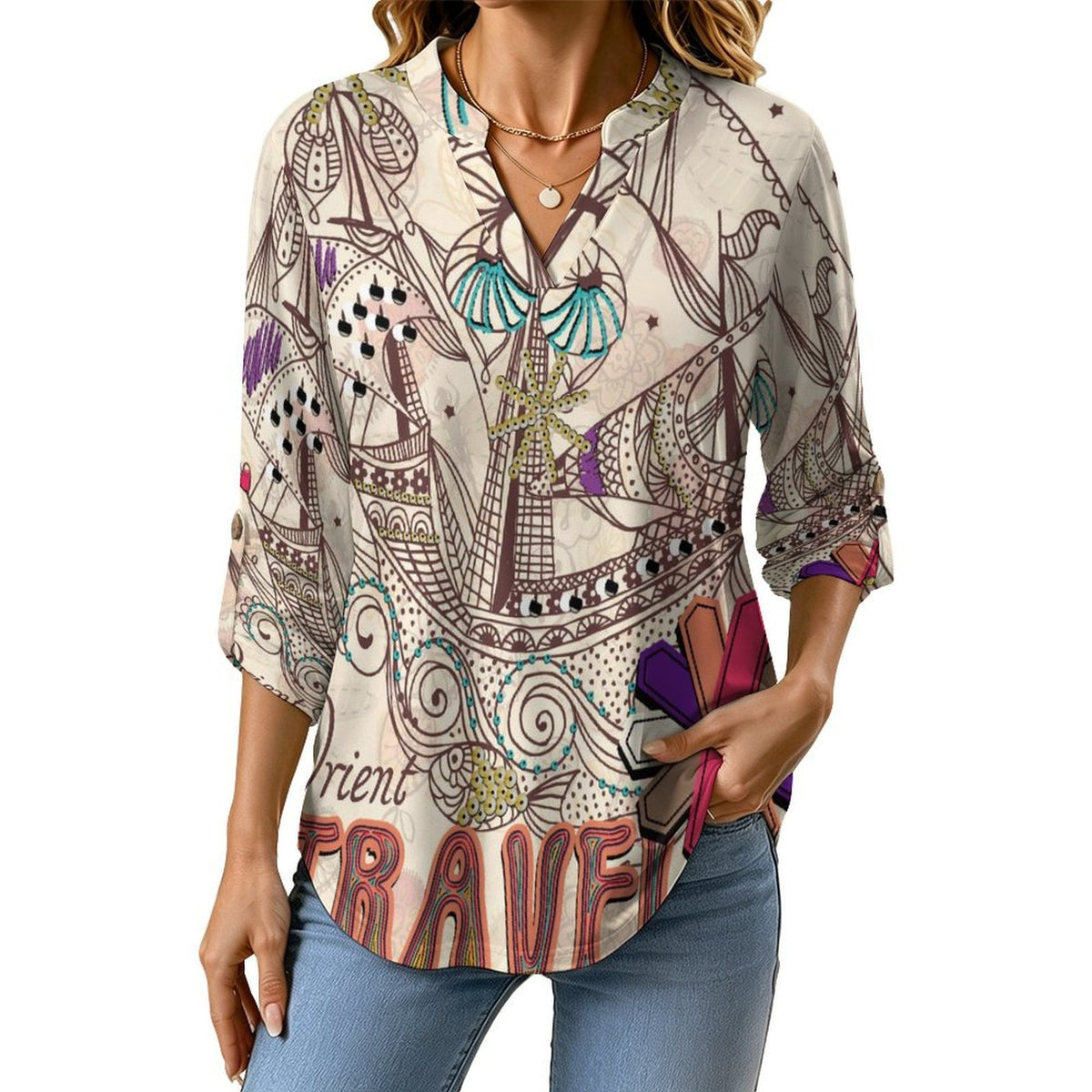 Stand-up Collar Long-sleeved Shirt Travels  Customization Women’s V-Neck Blouses,long Sleeve,Roll-Up Sleeve Shirt