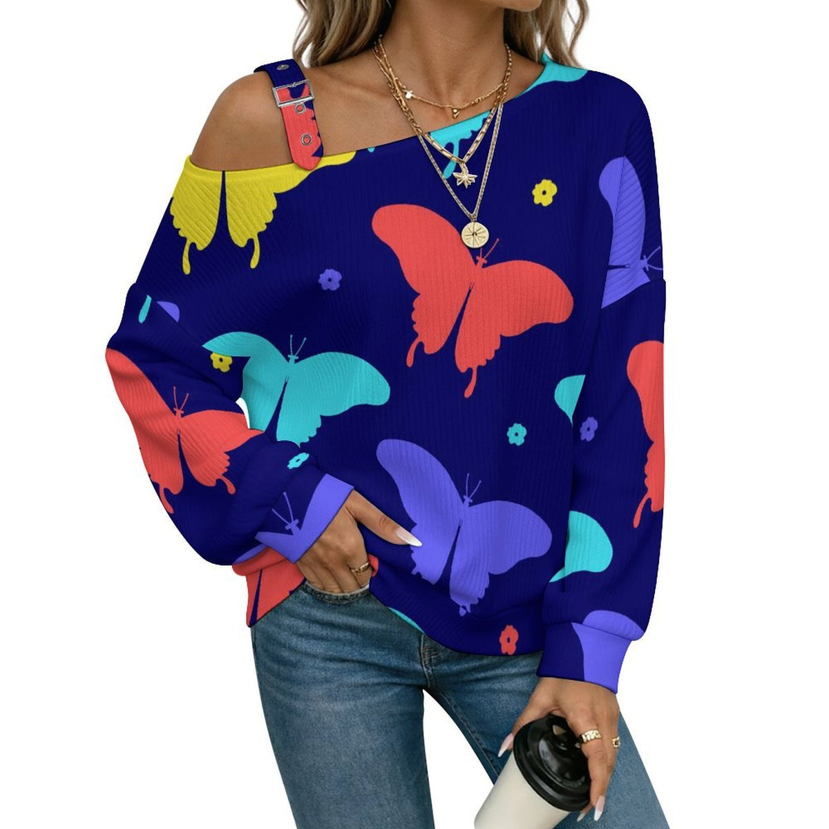 Off-the-shoulder Sweater Butterfly-color-red-blue-yellow-repeat  Asymmetric Cold Shoulder Knit Sweater for Women, Adjustable Buckle Strap Long Sleeve Casual Slouchy Pullover