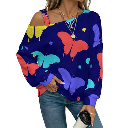 Off-the-shoulder Sweater Butterfly-color-red-blue-yellow-repeat  Asymmetric Cold Shoulder Knit Sweater for Women, Adjustable Buckle Strap Long Sleeve Casual Slouchy Pullover