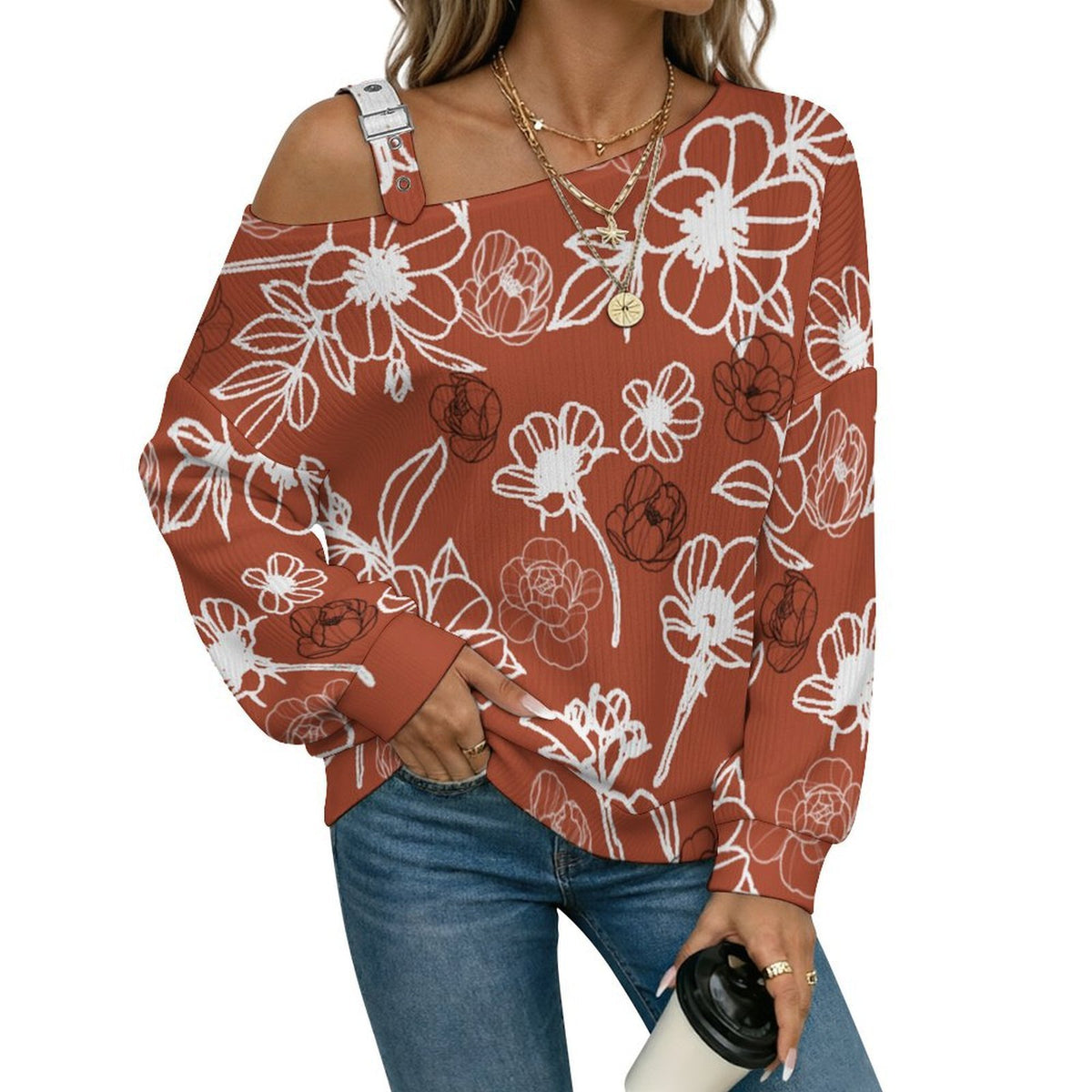 Off-the-shoulder Sweater Gorgeous Red Flowers  Asymmetric Cold Shoulder Knit Sweater for Women, Adjustable Buckle Strap Long Sleeve Casual Slouchy Pullover