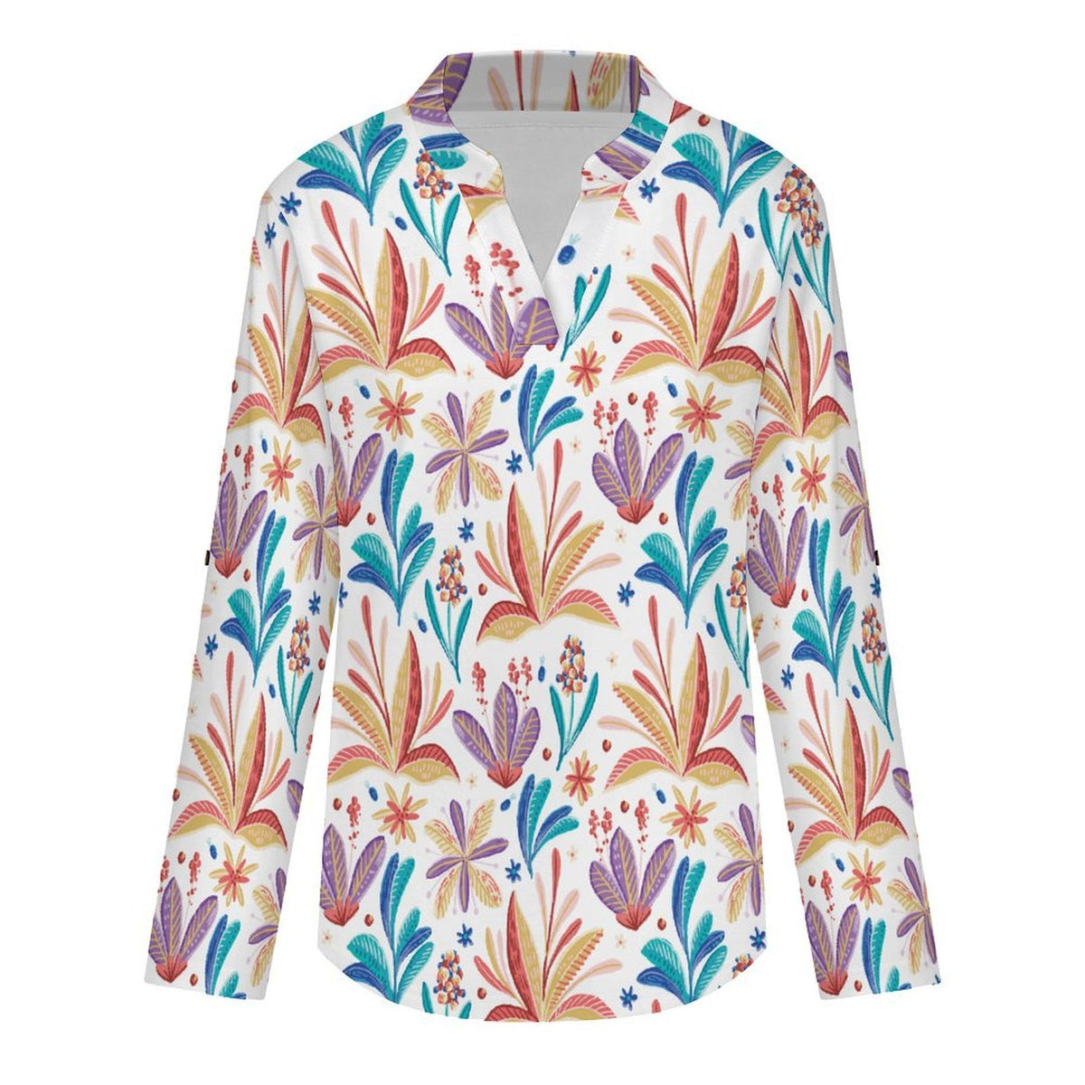 Stand-up Collar Long-sleeved Shirt Repeat Patterned Flower Plants  Customization Women’s V-Neck Blouses,long Sleeve,Roll-Up Sleeve Shirt