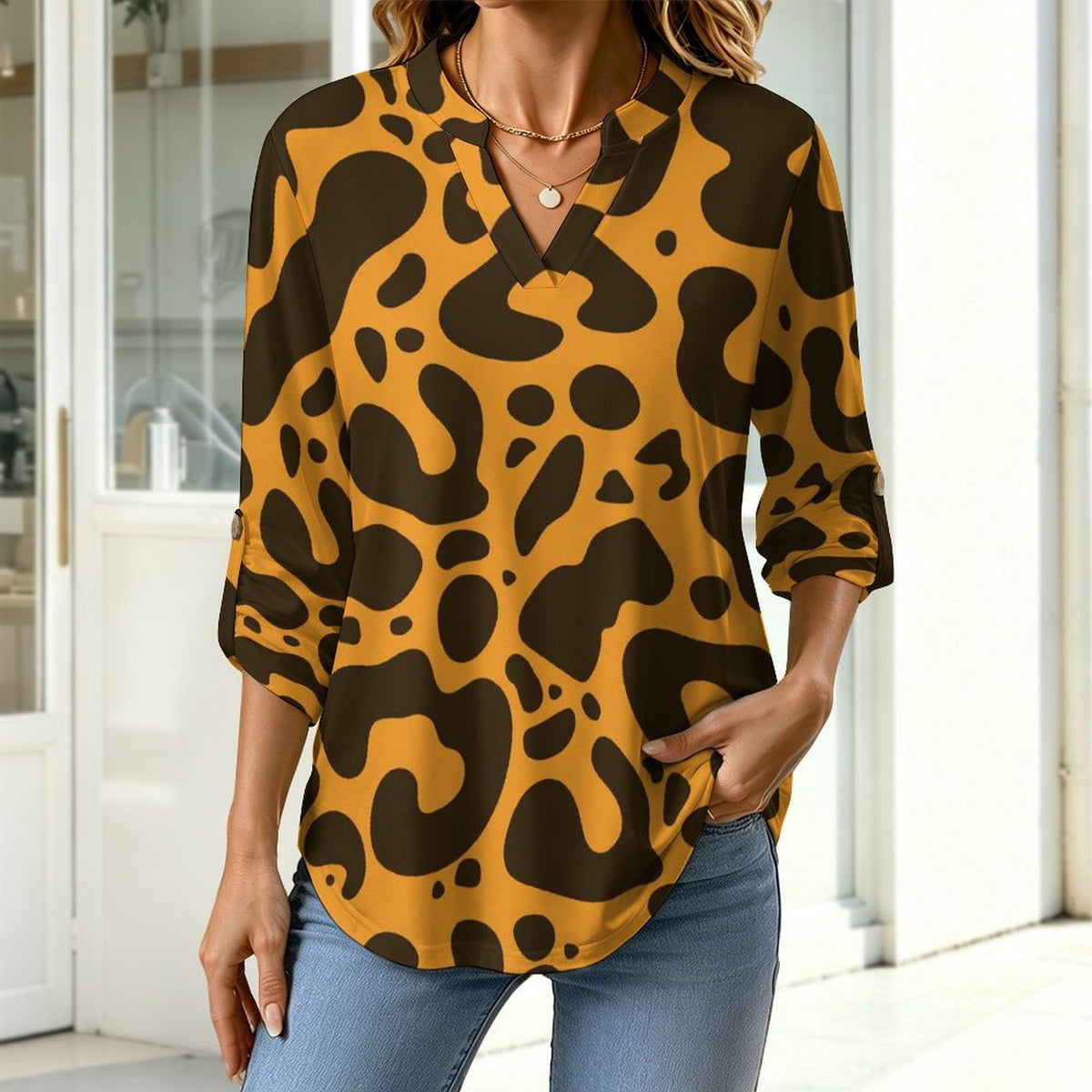 Versatile Notched V-Neck Tunic | Roll Tab 3/4 Sleeve Office Casual Top  Leopard-print Dresses Are Retro