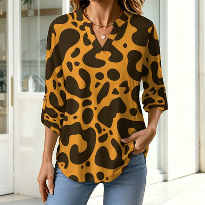Versatile Notched V-Neck Tunic | Roll Tab 3/4 Sleeve Office Casual Top  Leopard-print Dresses Are Retro