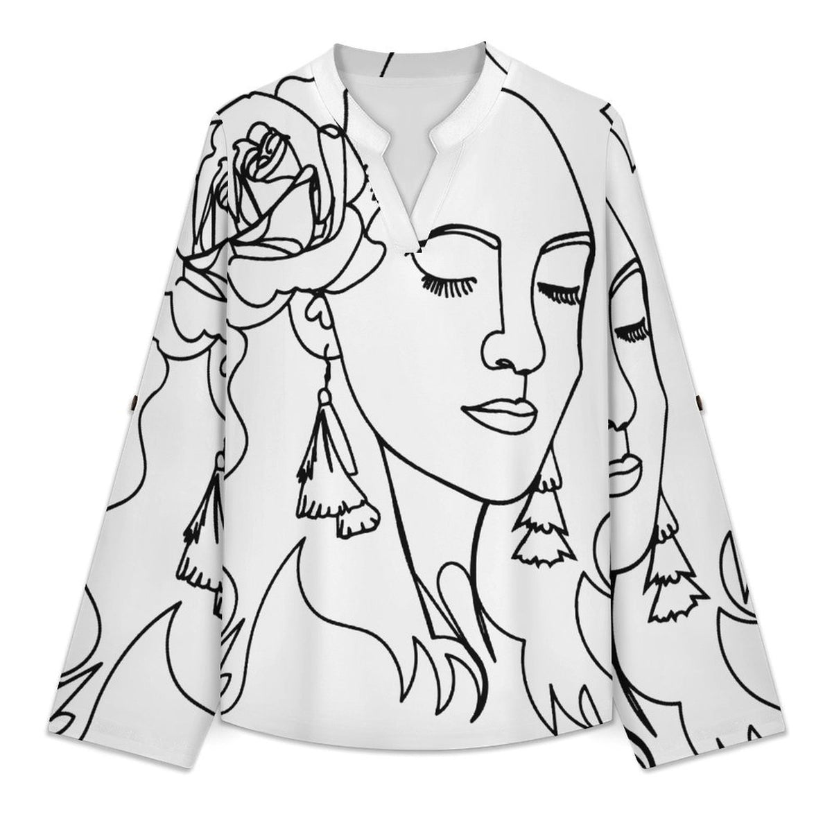 Stand-up Collar Long-sleeved Shirt Line, Female  Customization Women’s V-Neck Blouses,long Sleeve,Roll-Up Sleeve Shirt